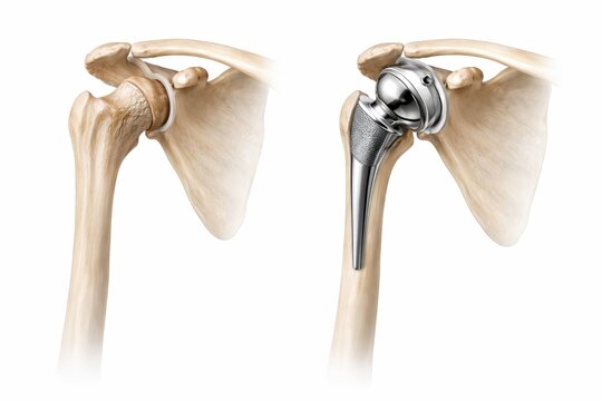 Comparison of normal shoulder joint and total shoulder prosthesis, showing humerus and scapula anatomy with implanted components, educational medical illustration, generative ai illustration