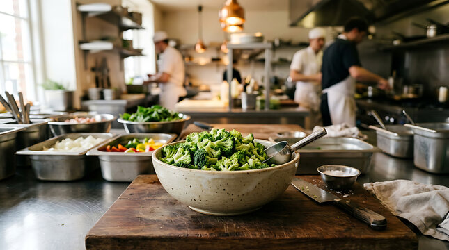 Chefs preparing food in a commercial kitchen with a bowl of vegetables on a cutting board