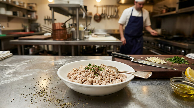 Chef prepares food in a kitchen with a bowl of pasta on the counter and a man wearing an apron.