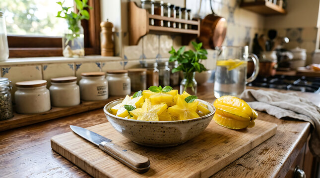 Fresh lemons and potatoes on a rustic kitchen countertop with utensils