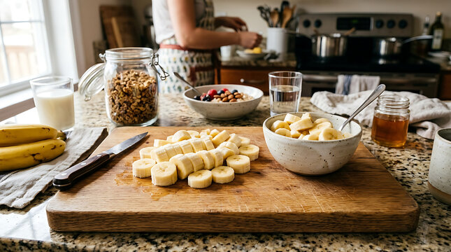 Woman preparing sliced bananas with honey and cereals on wooden board