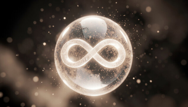 A geometric shape featuring the mathematical infinity symbol nestled within a spherical form
