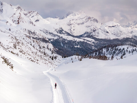 Winter hiking, tourism: Person snowshoeing on a path in a snowy landscape with mountains, exploring nature, Sennes refuge,Sennes Braies Natural Park,Alto Adige, Italy.