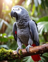 Obraz premium Grey parrot perched on a mossy branch, bathed in sunlight, amidst lush foliage