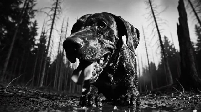 Black and White Shot of Panting Wet Dog Resting in Muddy Forest Environment with Bare Trees and Cloudy Skies