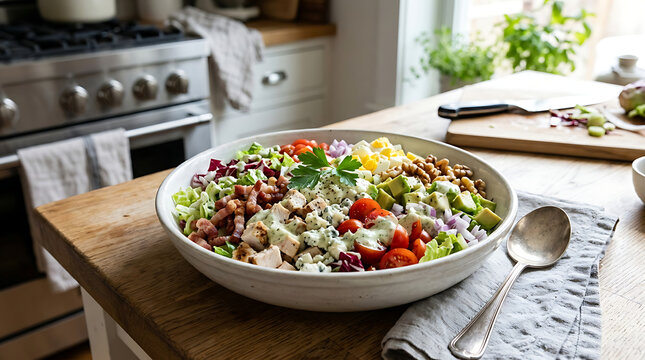 Preparing a fresh salad on a kitchen countertop with vegetables