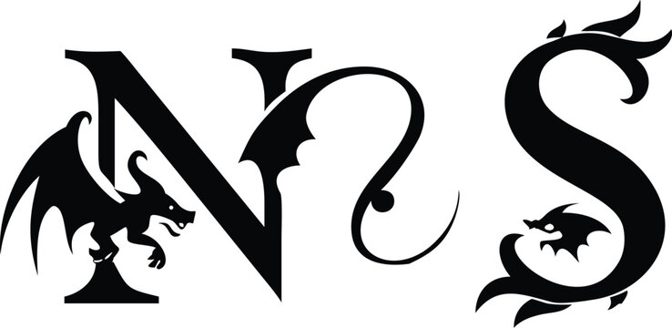 NS letters with detailed black dragons, mythological beast illustration, ancient fantasy creature logo.