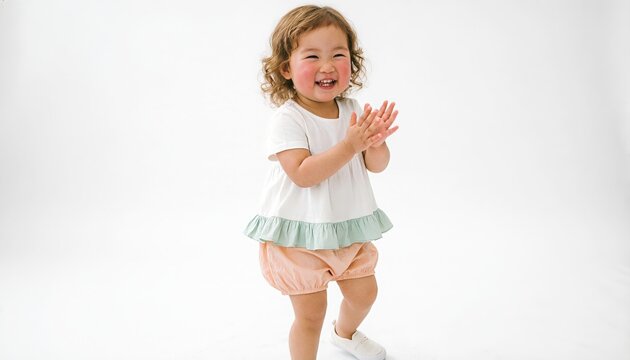 Happy toddler girl joyfully claps her hands, beaming with an infectious smile
