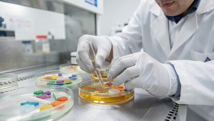 Fototapeta premium A scientist holds a pipe, wearing a lab coat and white gloves