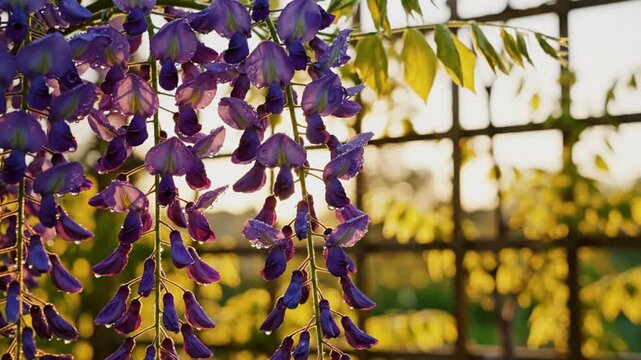 Wisteria flowers blooming with purple petals in sunlight with trellis background during spring season
