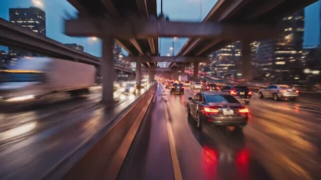 Driving Through Rain on a City Highway with Overhead Bridges at Dusk, Busy Rush Hour Traffic