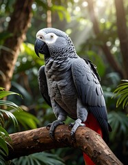 Obraz premium Grey parrot perches on a branch, sunlight filters through dense jungle foliage, highlighting its beautiful plumage