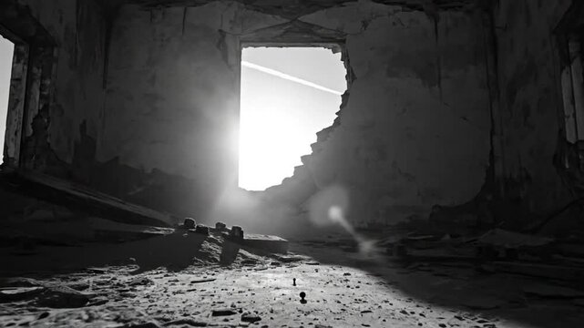 Black and white view of a ruined building with bright sunlight shining through a broken opening, desolation concept