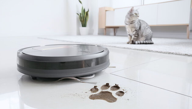 An automated robot vacuum approaches a muddy paw print on a clean floor, highlighting effortless pet mess removal. A tabby cat sits in the background of this modern, smart minimalist home.