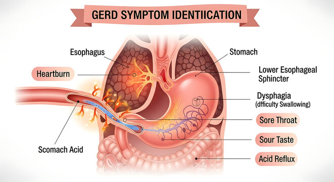 Anatomical Diagram Explaining Gastroesophageal Reflux Disease Symptoms for Patient Education Focusing on GERD Pathophysiology and Digestive System Health Maintenance.