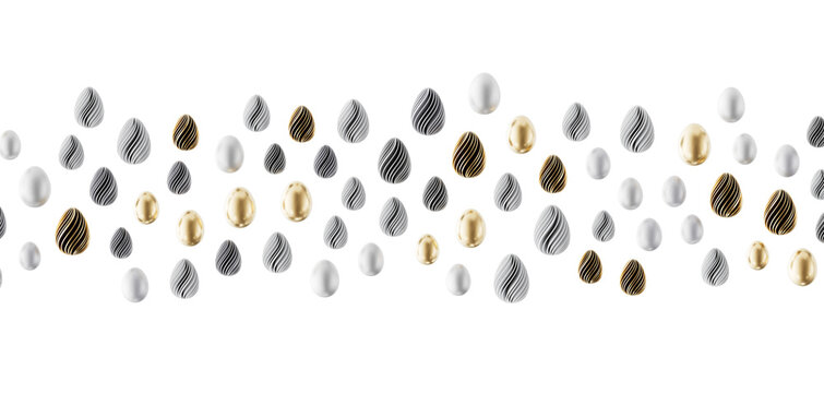 Stylish Easter eggs in gold, silver, and textured patterns create a beautiful seamless design for holiday themes and cel