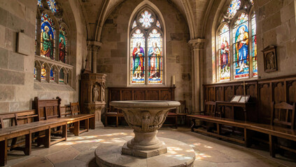 Obraz premium A serene church interior featuring stunning stained glass windows and wooden benches