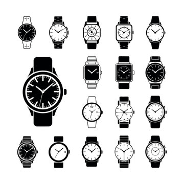 Watch design icons collection various wristwatch styles and illustrations displayed together on clean background for timepiece fashion and accessory design