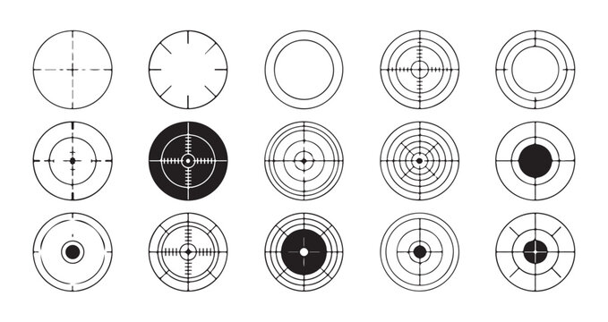 Crosshair sight icons set for hunting and sniper scope design isolated on white background military weapon reticle.