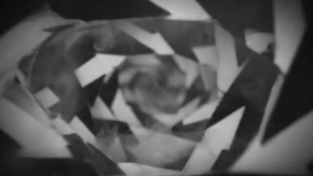 Abstract kaleidoscopic shapes forming a symmetrical tunnel-like structure with a blurred center in black and white