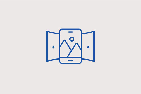 Mobile phone showing a wide panoramic landscape perfect for virtual tours. Scenic Vector Illustration and line icon is ideal for travel apps, real estate tours, and VR media.