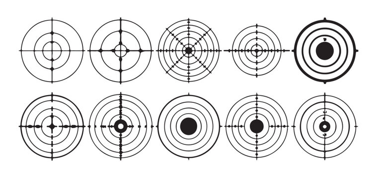 Shooting target icons set for firing range practice isolated on white background black outline aiming paper sheet.