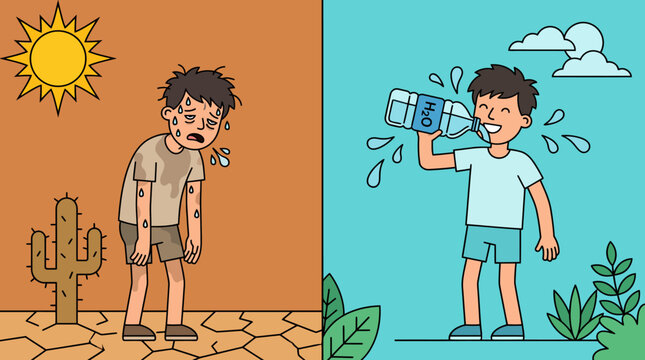 Split illustration contrasting dehydration and hydration showing tired and refreshed boy.
