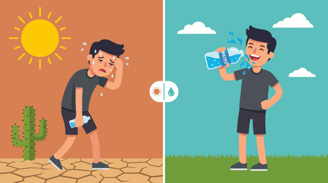 Split illustration of a dehydrated man contrasted with a hydrated man drinking water.