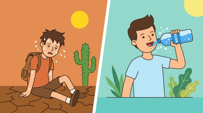Split illustration contrasting dehydration in a desert and hydration with water in a green setting.
