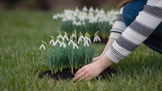 Woman planting snowdrop flowers in garden on spring afternoon  