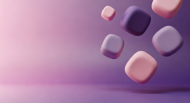 Soft pastel colored geometric shapes floating in a gradient purple background, abstract background with copy space