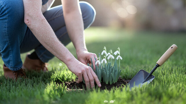 Woman planting snowdrop flowers in garden soil on sunny day  