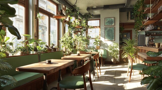 Cozy cafe interior with wooden tables and green seating