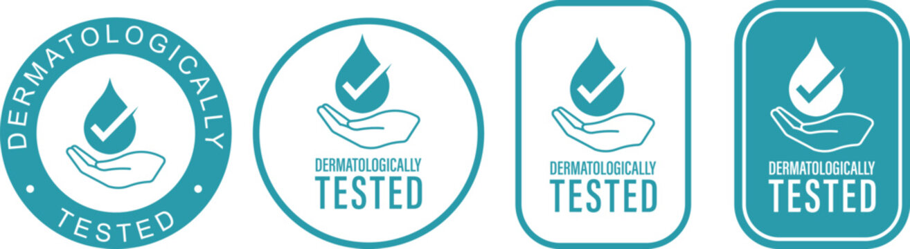 Set dermatologically tested vector label with water drop, leaf and hand logo. Dermatology test and dermatologist clinically proven icon for allergy free and healthy safe product package tag.