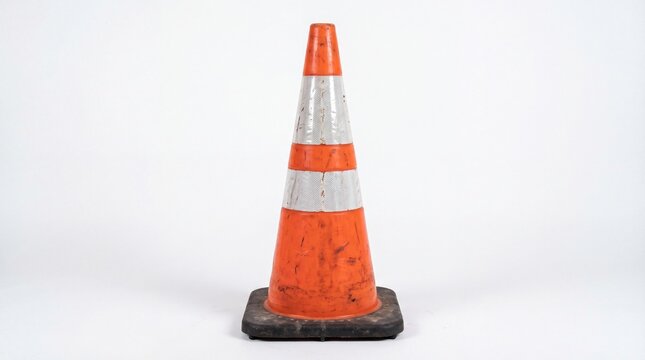 Vibrant orange traffic cone with reflective white bands used for safety and construction zone control