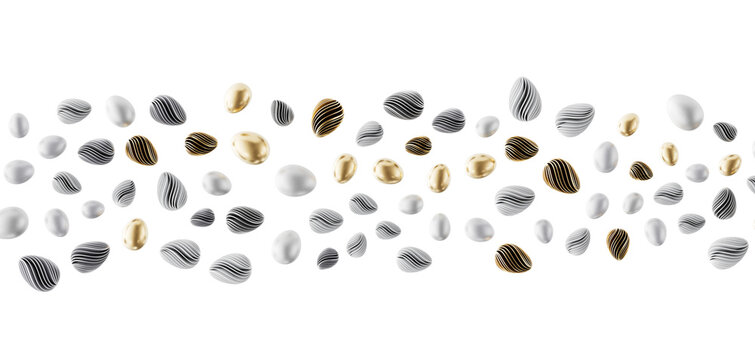 Elegant abstract composition featuring metallic gold, silver and bronze egg-shaped elements floating against a bright wh