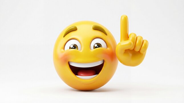 A vibrant 3d yellow emoji face winking and laughing while holding up one finger in a gesture