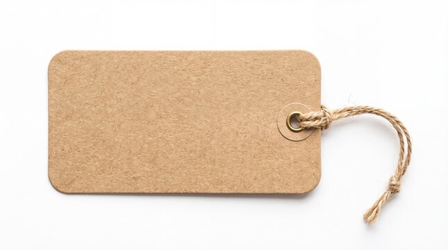 A rectangular cork tag featuring a natural textured surface with a matching string loop attached