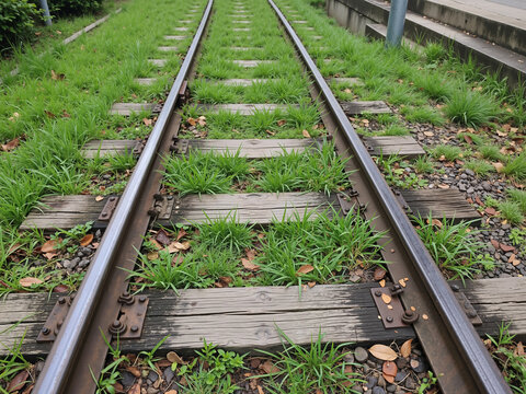 Railway tracks with overgrown grass at a quiet location