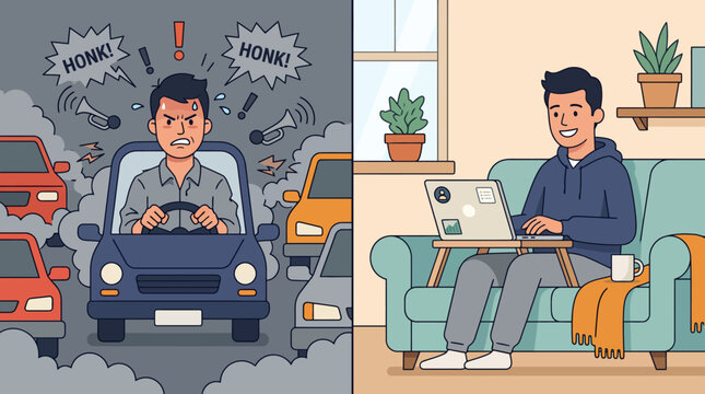 Contrasting stressed driver road rage and relaxed remote worker at home.
