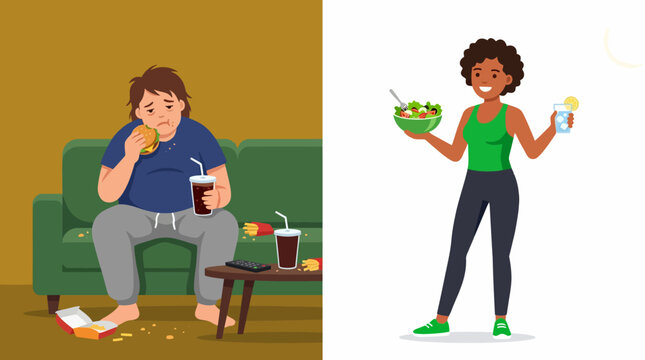 Illustration contrasting unhealthy snacking and healthy eating choices by two characters.