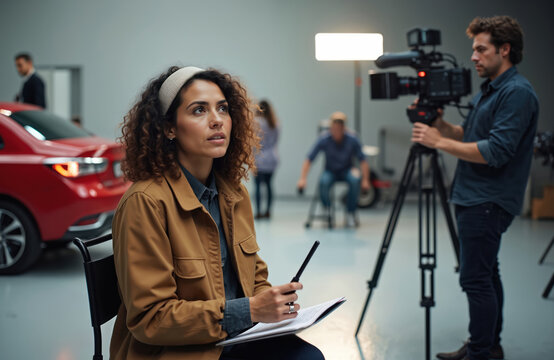 Woman director on film set holding script near camera operator. Team works on commercial video shoot with red car. Lights illuminate studio scene.