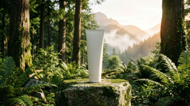 White Cosmetic Tube Standing on Mossy Tree Stump in Lush Forest with Mountain Background