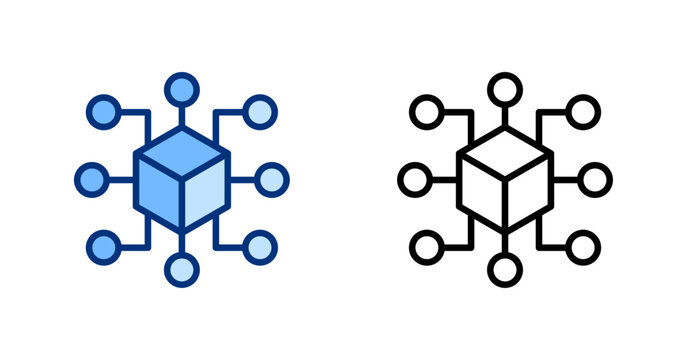 Distribution thin line, solid icon set. Blockchain, Digital Technology, Crypto, Fintech, Finance, Network, Connect concept. Black, blue outline vector blocks sign.