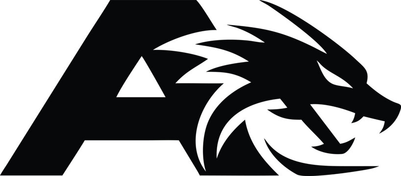 Letter A with fierce dragon head symbol, aggressive creature illustration, wild fantasy beast.