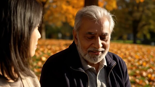 Diverse couple enjoying autumn park conversation outdoors, experiencing intergenerational connection