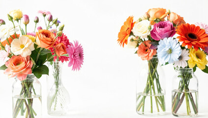 Obraz premium A pair of colorful flower arrangements in decorative vases