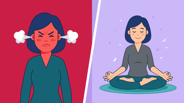 Split illustration showing an angry person and a calm person meditating for emotional contrast.