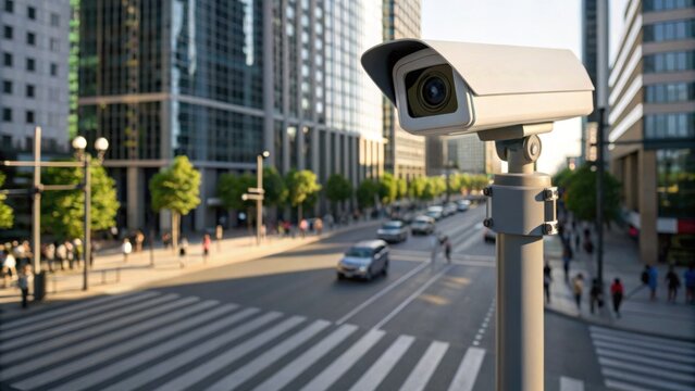 A security camera monitors a busy urban street with pedestrians and vehicles amid tall modern buildings on a sunny day.