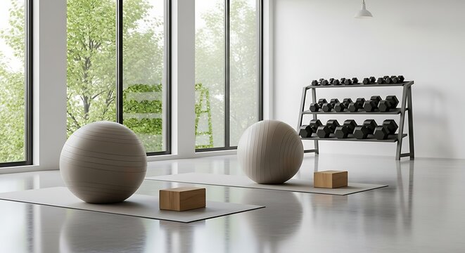 Modern gym interior with yoga mats, exercise balls, wooden blocks and a dumbbell rack in a bright, airy studio space